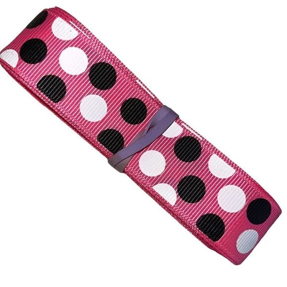Grosgrain Ribbon 7/8” 5 yards NEW Minnie Mouse black white hot pink polka dots - Picture 1 of 7